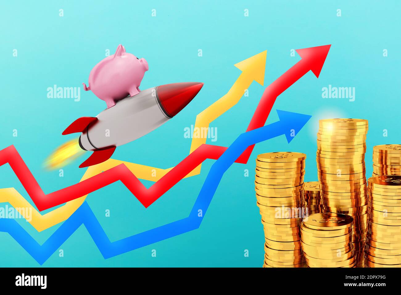 Sparschwein fliegen auf einer Rakete über wachsende statistische Pfeile. Konzept der schnellen Erhöhung des Geldes. Stockfoto