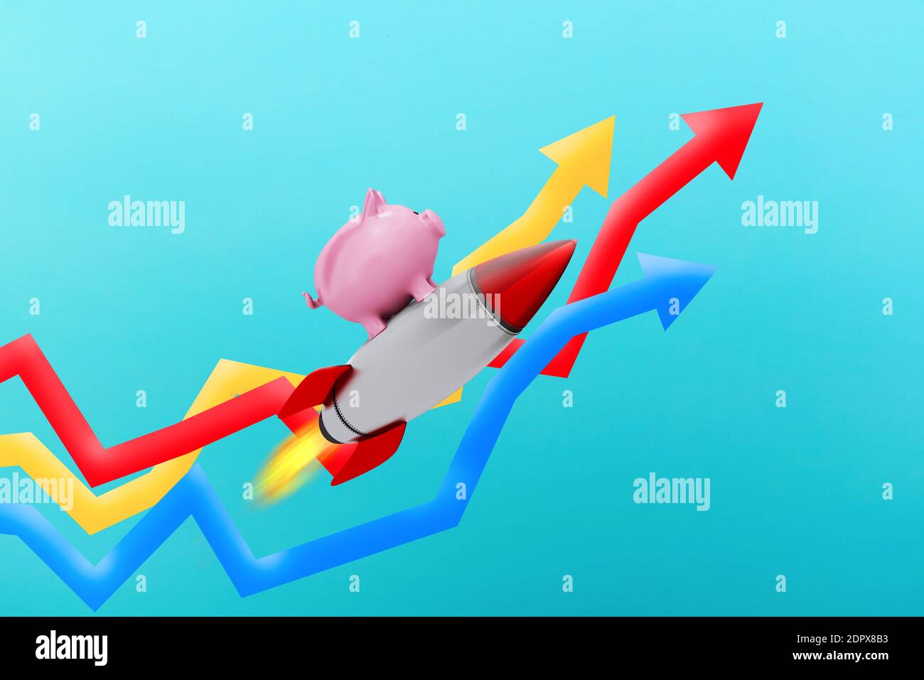 Sparschwein fliegen auf einer Rakete über wachsende statistische Pfeile. Konzept der schnellen Erhöhung des Geldes. Stockfoto
