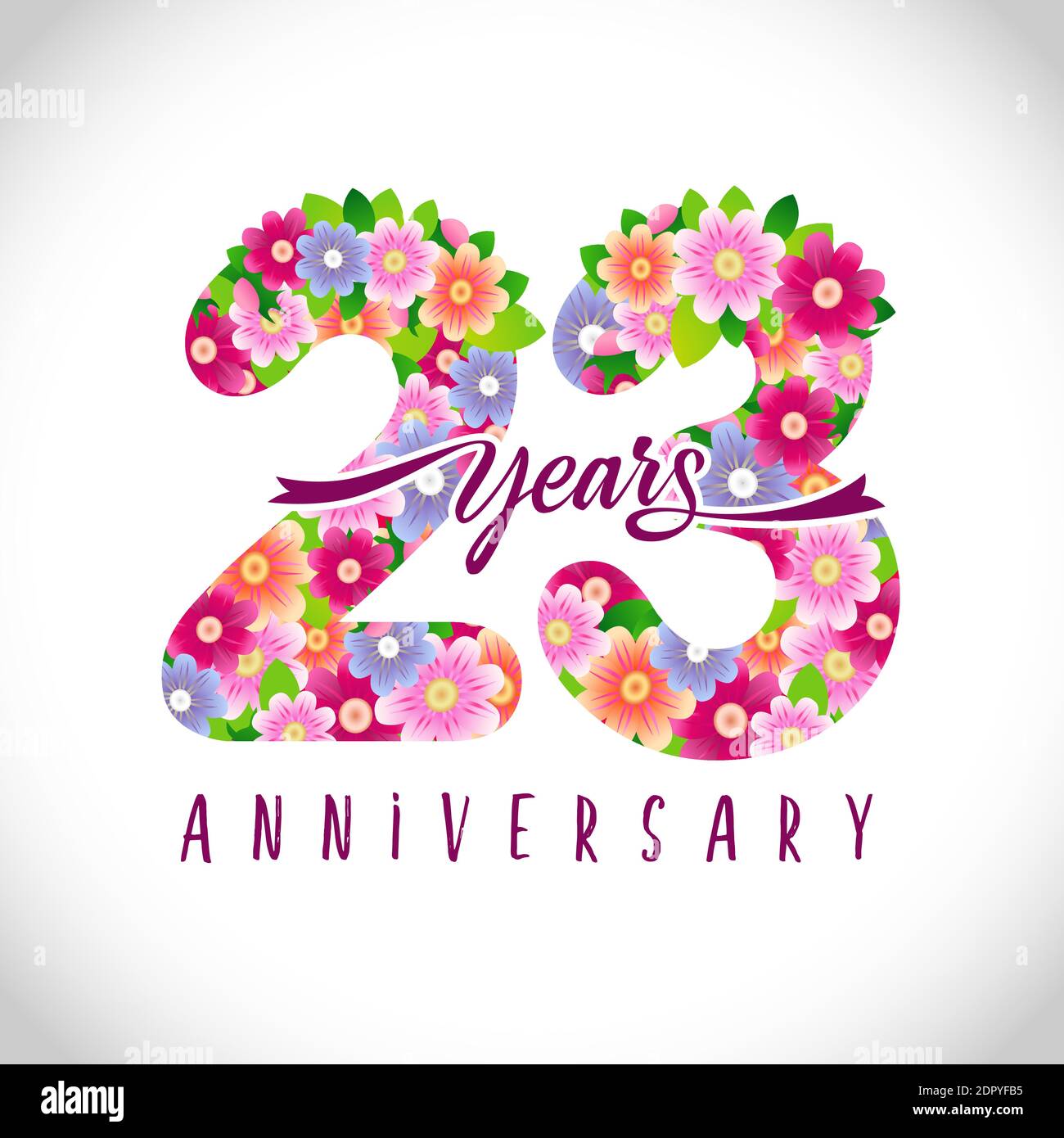 23 Jahrestag rosa Zahlen. 23 Jahre altes Logo. Florale pinke Gratzen. Isolierte abstrakte Grafik-Design-Vorlage. Niedliche kreative Zeichen, Alter Ziffern, r Stock Vektor