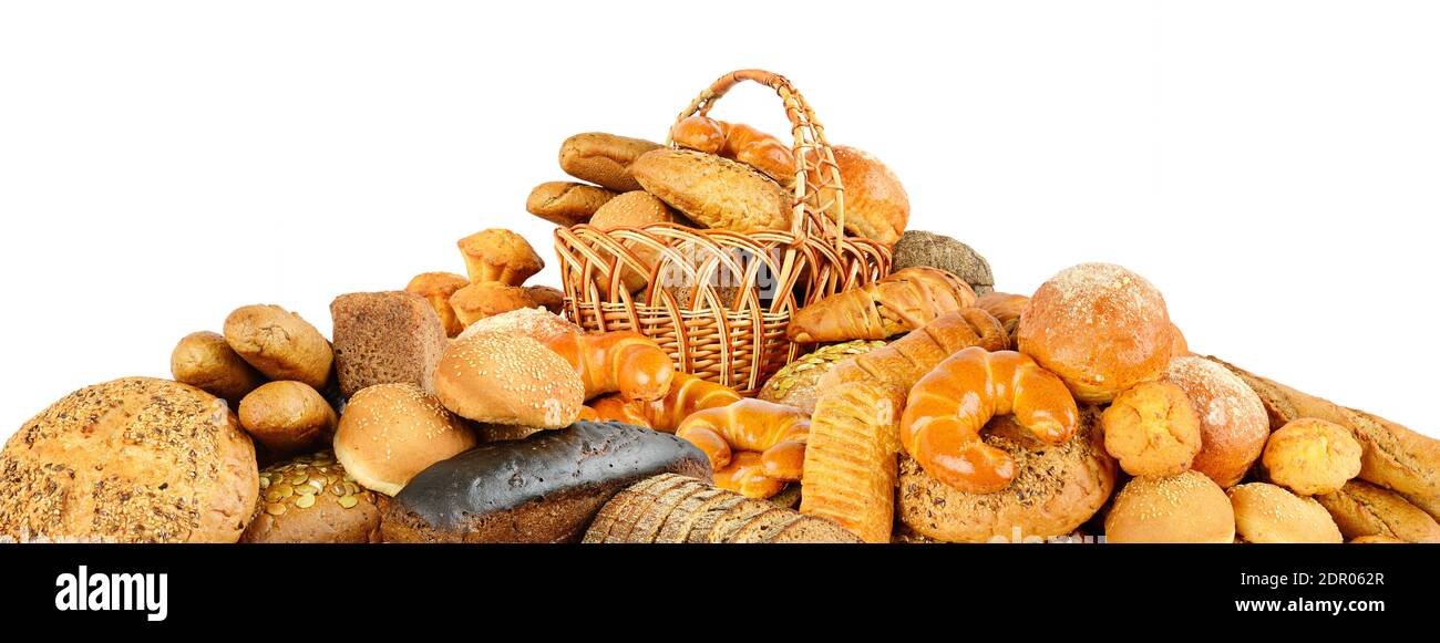 Pile Brot Produkte isoliert vor weißem Hintergrund Stockfoto