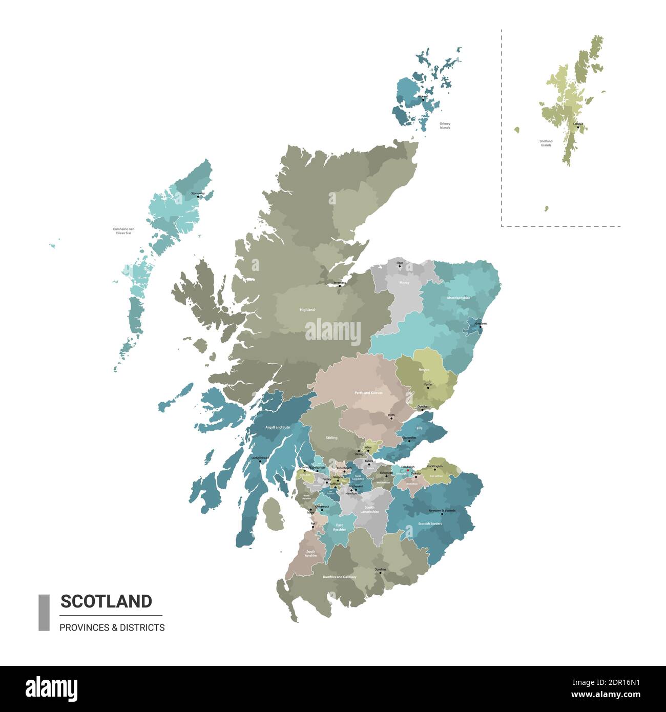 Schottland hat detaillierte Karte mit Unterteilungen. Administrative Karte von Schottland mit Bezirken und Städten Namen, farbig nach Bundesstaaten und administrative dist Stock Vektor