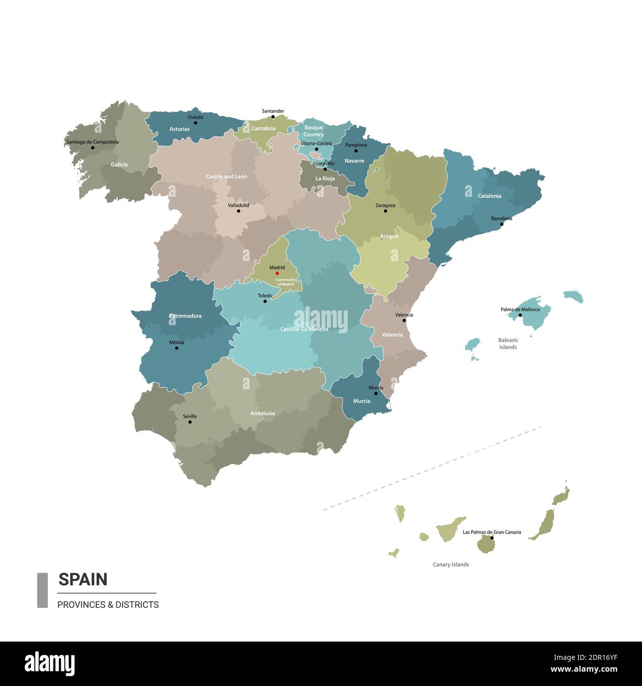 Spanien Higt Detailkarte mit Unterteilungen. Verwaltungskarte von Spanien mit Bezirken und Stadtnamen, farbig nach Bundesstaaten und Verwaltungsbezirken. Stock Vektor