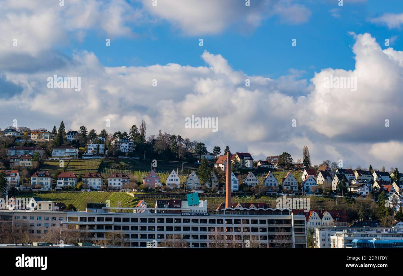 7. März 2020, Stuttgart, Deutschland - Mönchhalde, Stadtteil Relenberg in Stuttgart, buntes Weinbaugebiet im Süden Deutschlands. Deutschland, Schlecht Stockfoto