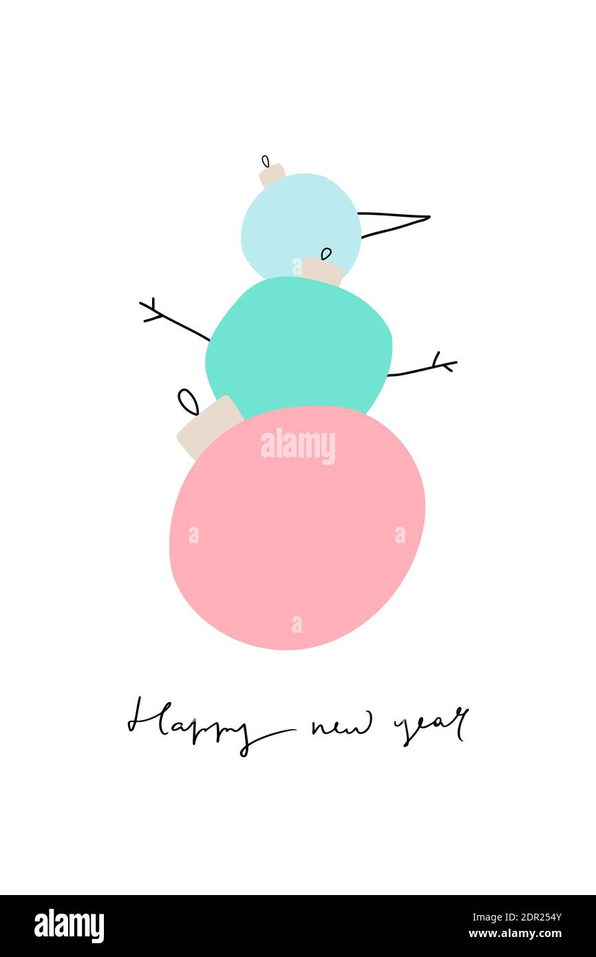 Schneemann aus Kugeln in einem Cartoon-Stil. Grußkarte zum neuen Jahr Stock Vektor