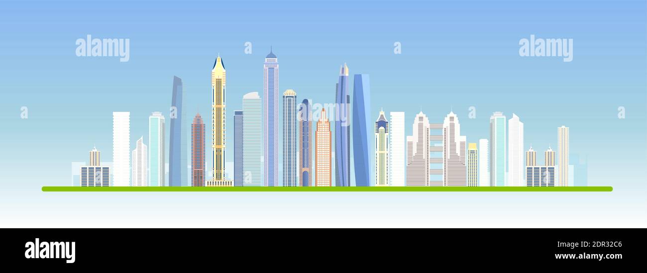 Flache vector city building Design. Städtischen Skyline Stadtbild. Stadt Landschaft mit hohen Wolkenkratzer. Vector Illustration. EPS 10. Stock Vektor