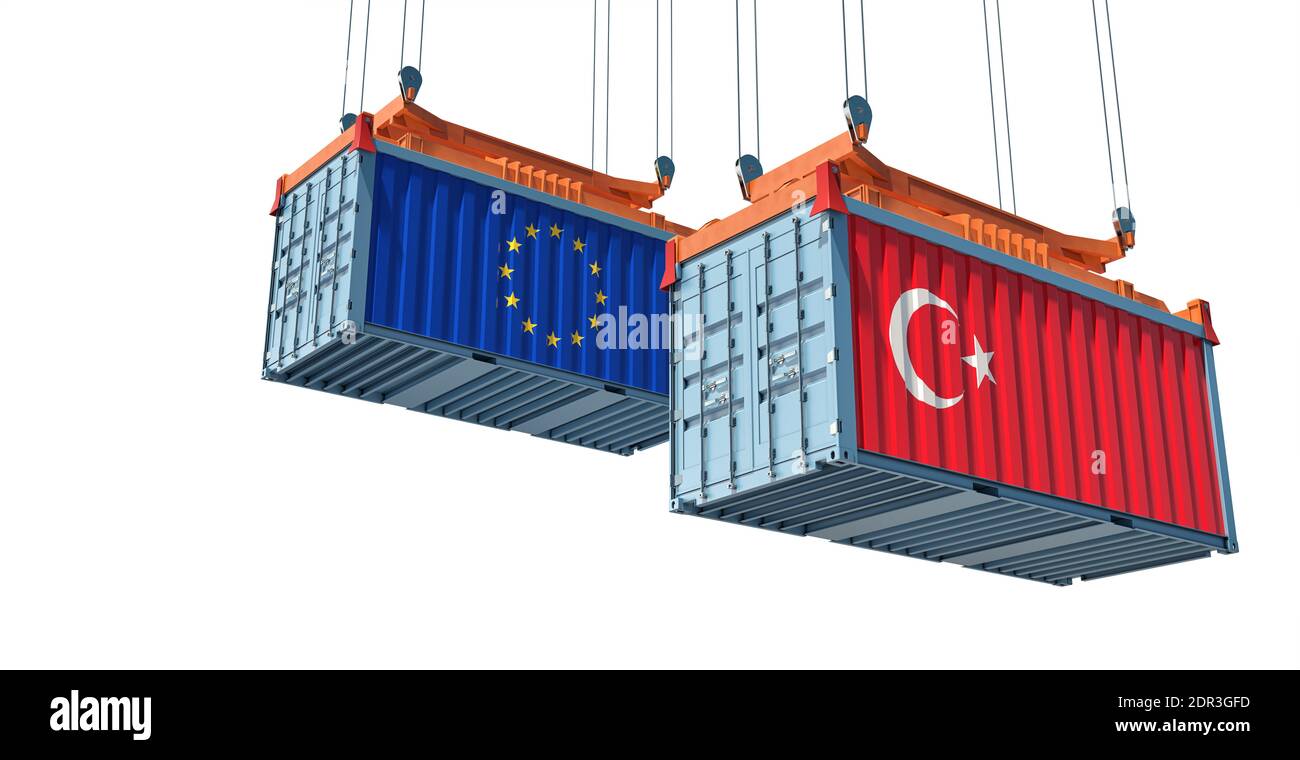 Frachtcontainer mit Flagge der Türkei und der Europäischen Union. 3D-Rendering Stockfoto