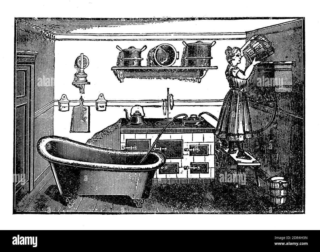 Wasserheide ohne Wasserleitungen, vom Küchenherd manuell mit Schlauch erhitzen das Badewannenwasser, 19. Jahrhundert Illustration Stockfoto