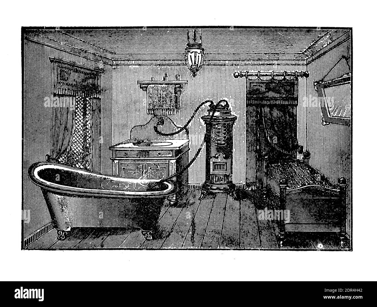 Vorbereitung eines Bades zu Hause durch Auffüllen der Wanne mit heißem Wasser mit Hilfe eines Gummischlauchs aus dem Ofen Heide, 19. Jahrhundert Gravur Stockfoto
