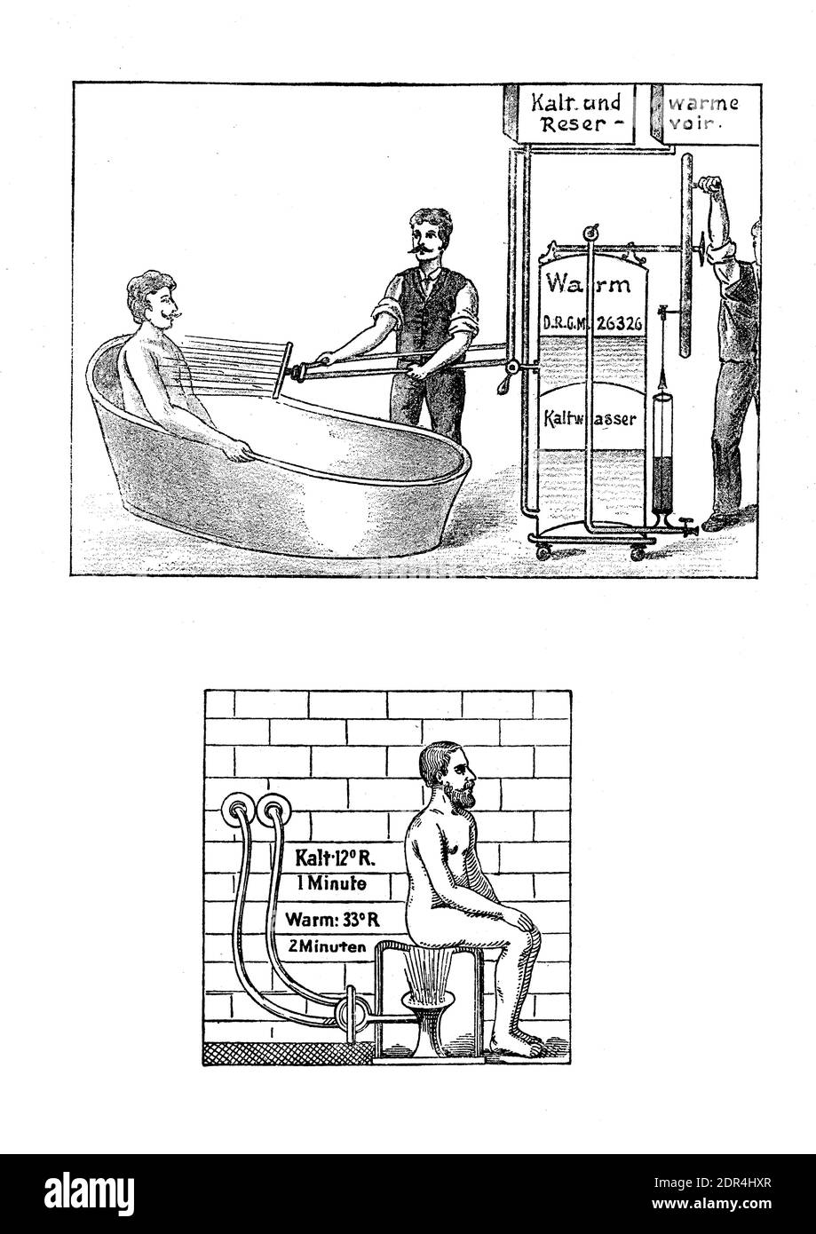Kontrast-Dusche-Therapie: Mann, der in der Badewanne duscht und sitzt, abwechselnd heißes und kaltes Wasser mehrmals, 19. Jahrhundert Illustration Stockfoto