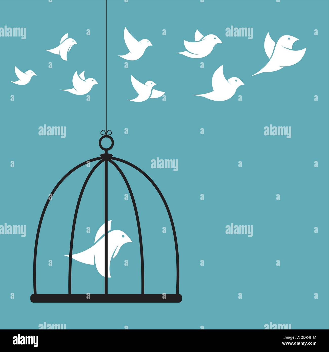 Vektorbild eines Vogels im Käfig und außerhalb des Käfigs. Freiheitskonzept. Leicht editierbare Vektorgrafik mit Ebenen. Stock Vektor