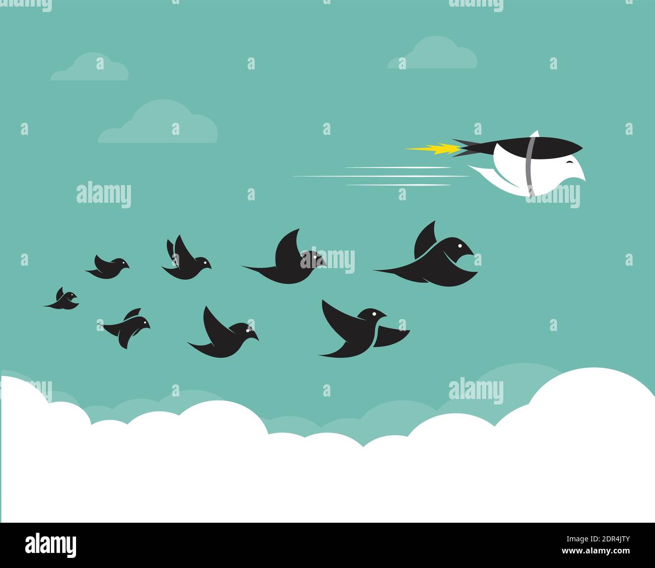 Vektorbilder von Vögeln und Raketen am Himmel. Konzept kreativ. Leicht editierbare Vektorgrafik mit Ebenen. Wilde Tiere. Stock Vektor