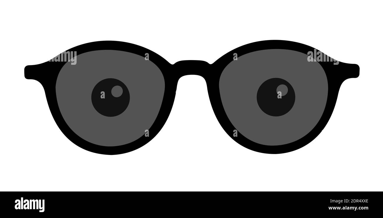 Sonnenbrille mit dunklem und dunklem Glas im Rahmen. Brillen als Schutz gegen helle Sonne und Sonneneinstrahlung. Vektorgrafik isoliert auf Weiß. Stockfoto