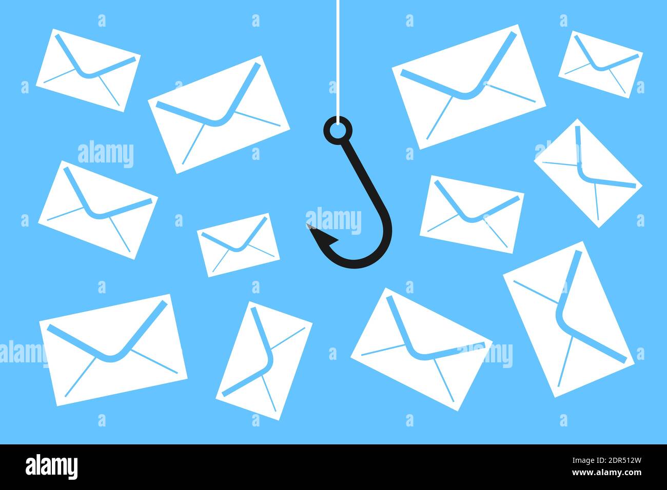 Phishing - Angelhaken fängt Briefumschlag als Metapher für betrügerische und täuschende gefährliche und riskante E-Mail-Korrespondenz. Vektorgrafiken Stockfoto