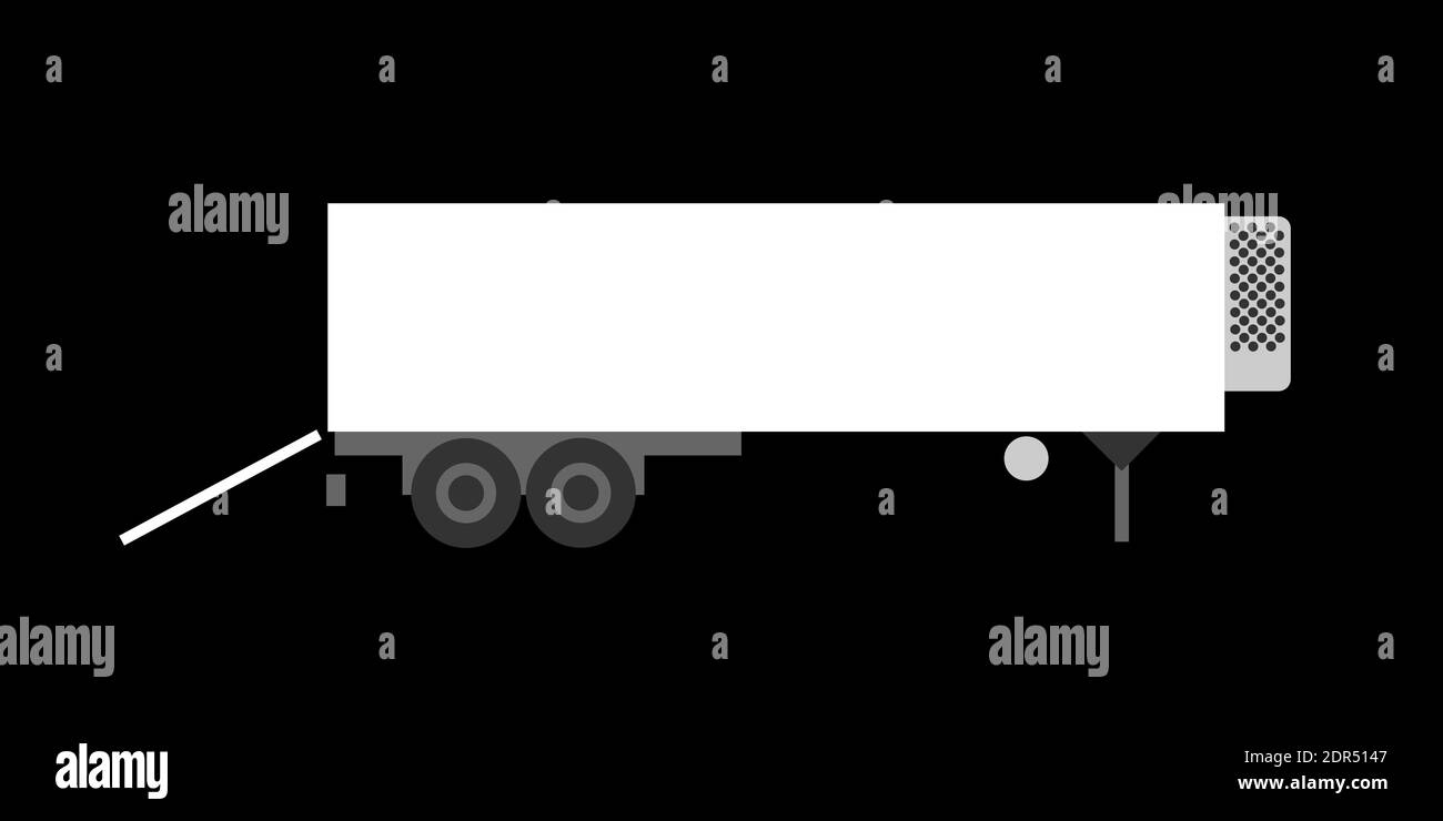 Weißer Kühlwagen ist stationiert. Behälter und Anhänger mit Gefriergerät stehen. Schwarzer, schlichter Hintergrund um das Fahrzeug. Monochrome Ve Stockfoto