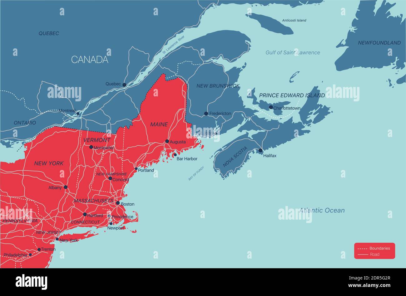 Region Neuengland Detaillierte bearbeitbare Karte mit Städten und Städten, geografischen Standorten, Straßen, Eisenbahnen, Autobahnen und US-Autobahnen. Vector EPS-10-Datei, Stock Vektor