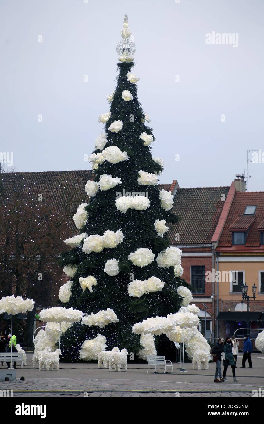 Kaunas, Litauen - 19. Dezember 2020: Der Hauptweihnachtbaum von Kaunas steht auf dem Rathausplatz. Dekorationen sind aus Kunststoff trinken erstellt Stockfoto