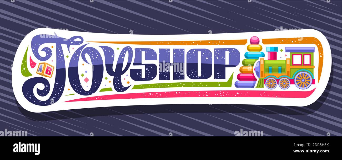 Vector Banner für Toy Shop, moderne Schild mit Illustration von Kindern Zug, bunte Kunststoff-Pyramide, dekorative Schnörkel und Konfetti, einzigartige le Stock Vektor