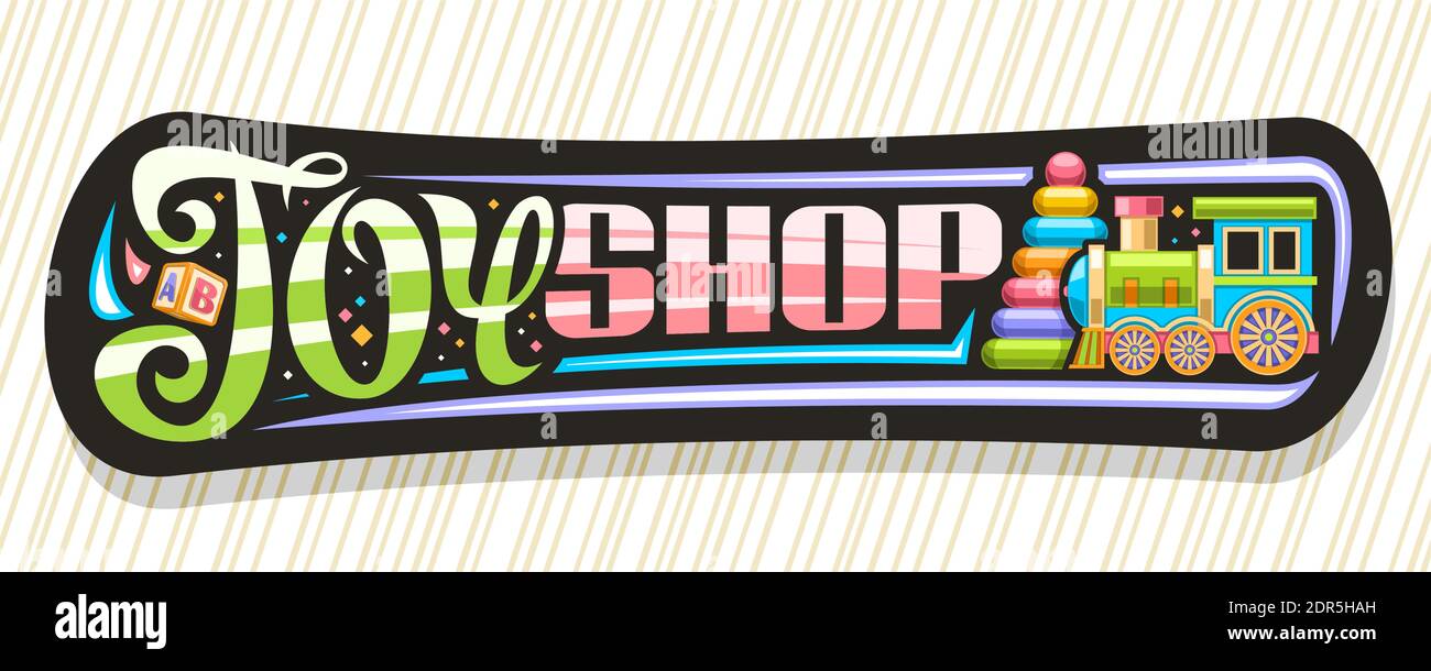 Vektor-Banner für Spielzeug-Shop, dunkle Schild mit Illustration von Kindern Zug, bunte Kunststoff-Pyramide, dekorative Schnörkel und Konfetti, einzigartige lett Stock Vektor