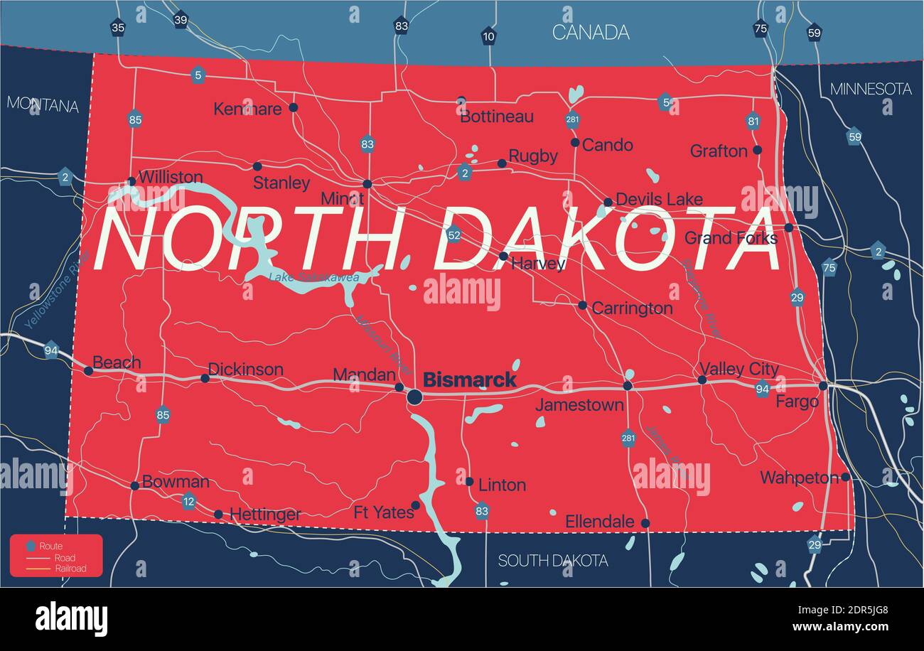 North Dacota State Detaillierte bearbeitbare Karte mit Städten und Städten, geografischen Standorten, Straßen, Eisenbahnen, Autobahnen und US-Autobahnen. Vector EPS-10-Datei, Stock Vektor