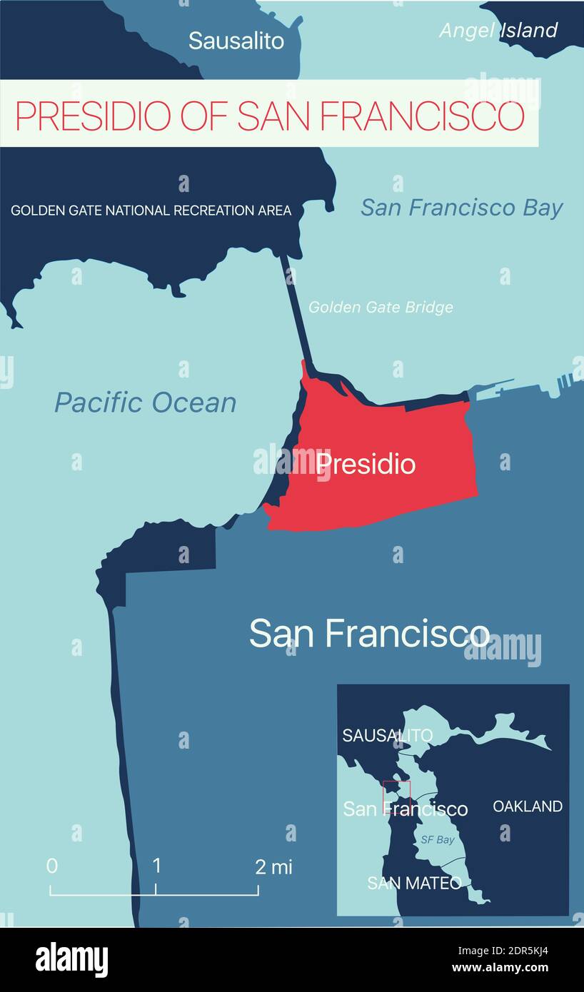 Presidio von San Francisco editierbare Karte mit Städten und Städten, geografischen Standorten. Vector EPS-10-Datei, Trend-Farbschema Stock Vektor