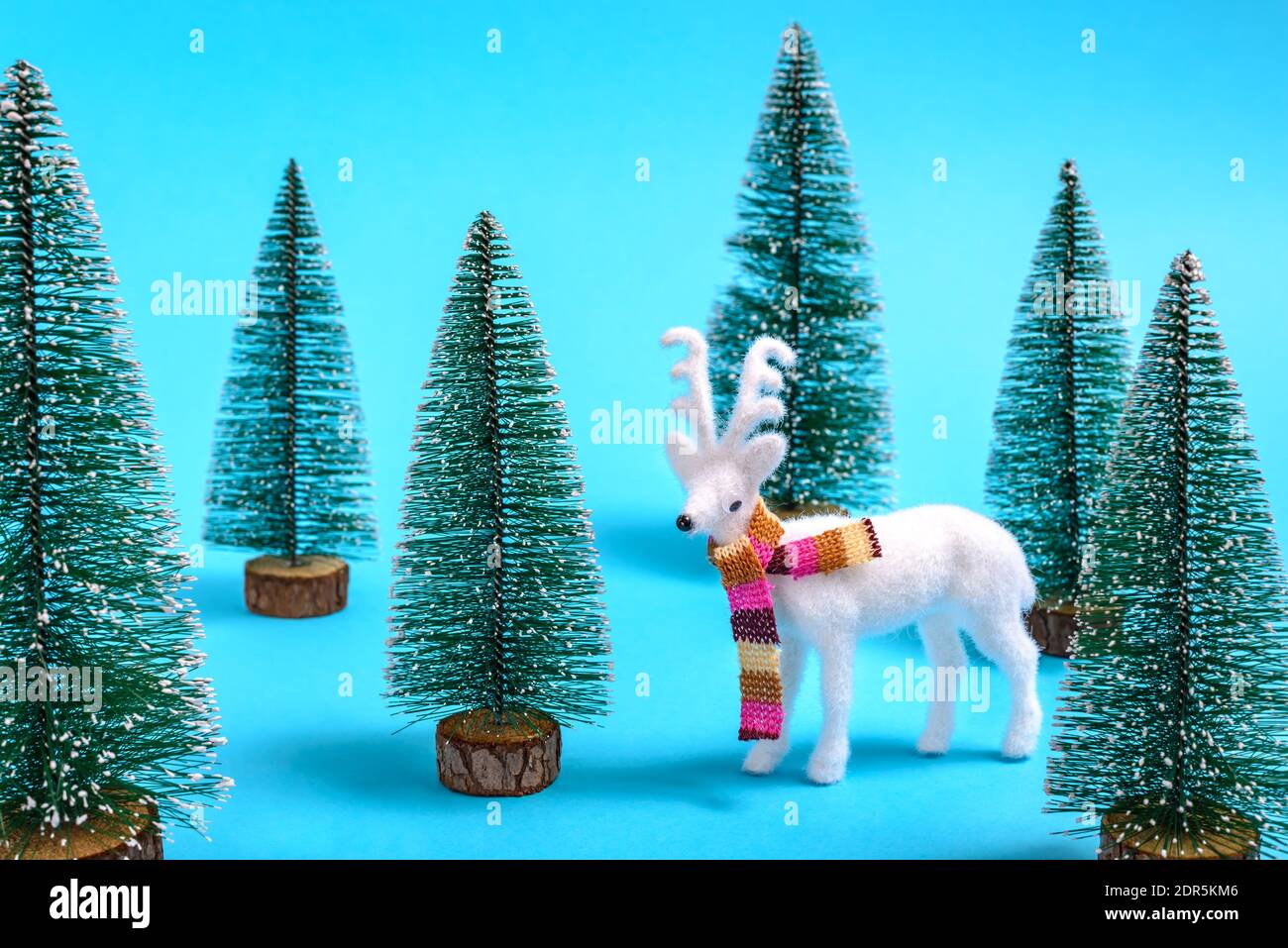 Kreatives Winter- und Weihnachtskonzept von weißen Rentieren mit einem bunten Schal in einem Tannenwald auf pastellblauem Hintergrund. Stockfoto