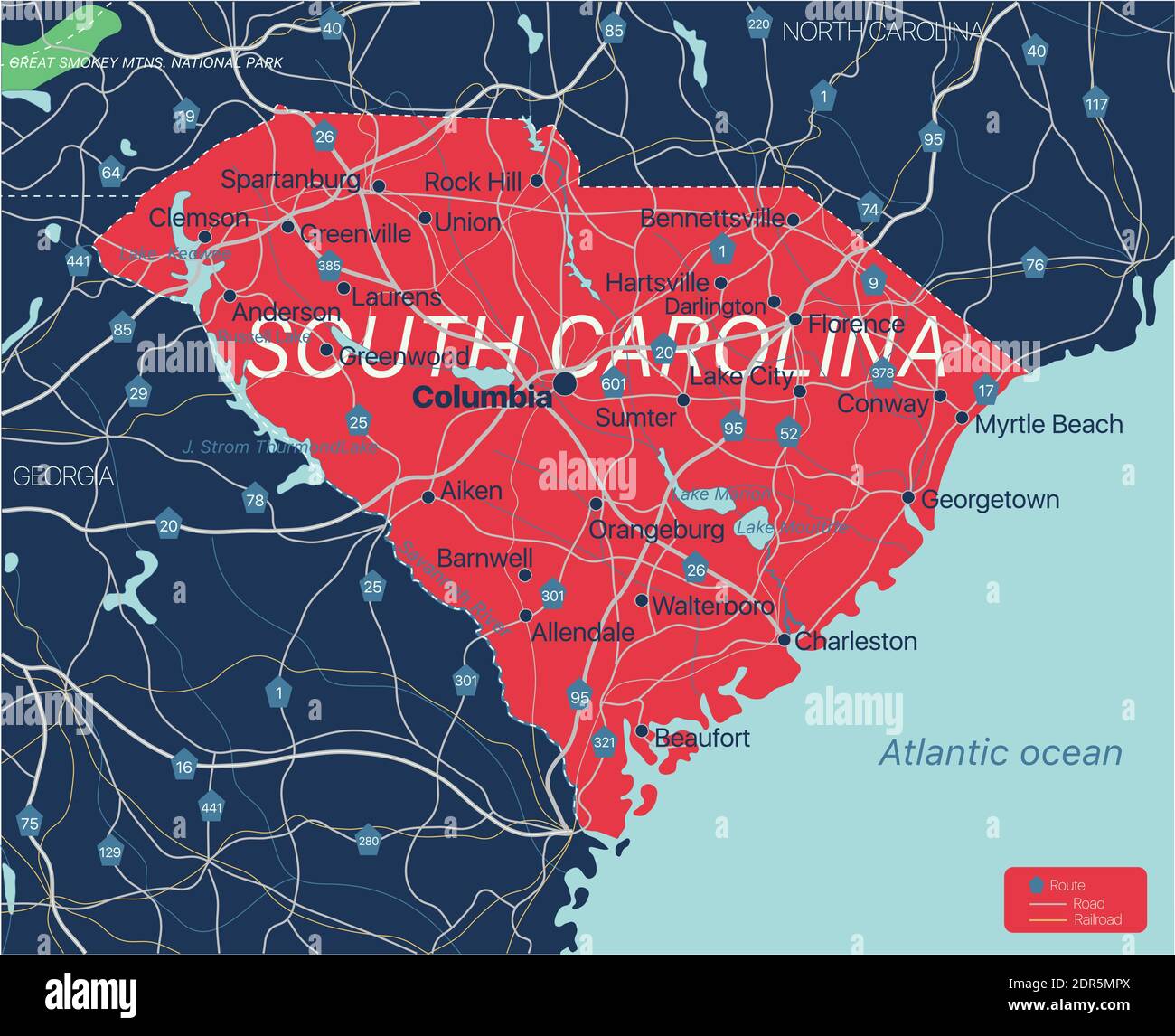 South Carolina State detaillierte editierbare Karte mit Städten und ...
