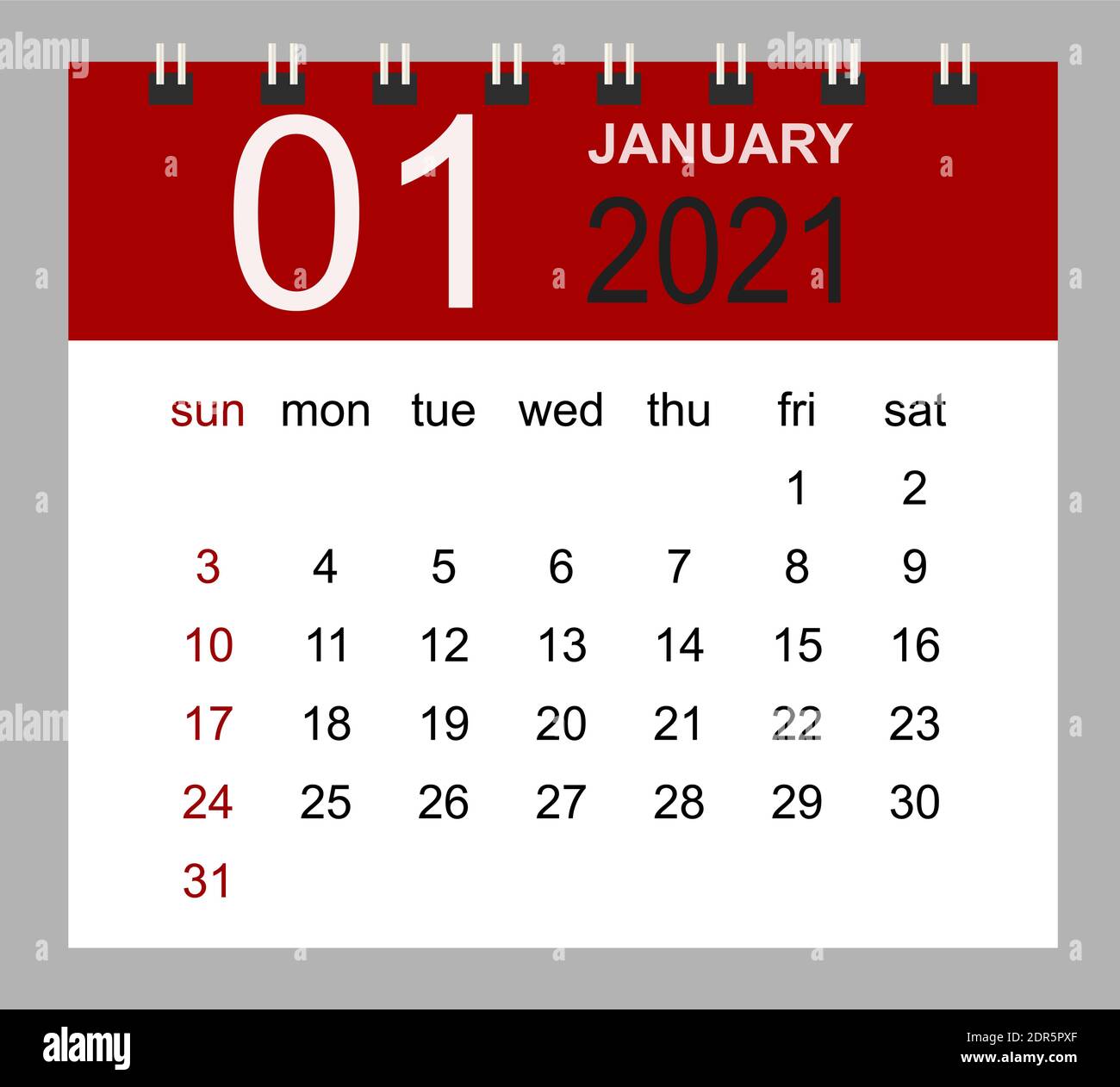 Einfacher Tischkalender für Januar 2021. Woche beginnt Sonntag. Isolierte Vektordarstellung. Stock Vektor