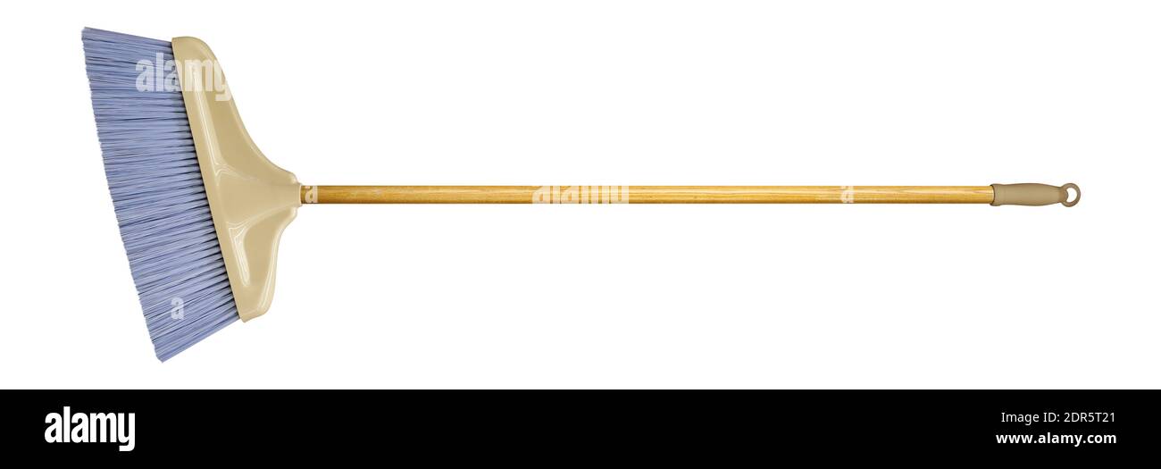 Reinigungsausrüstung - Besen mit Holzgriff isoliert weißen Hintergrund Stockfoto