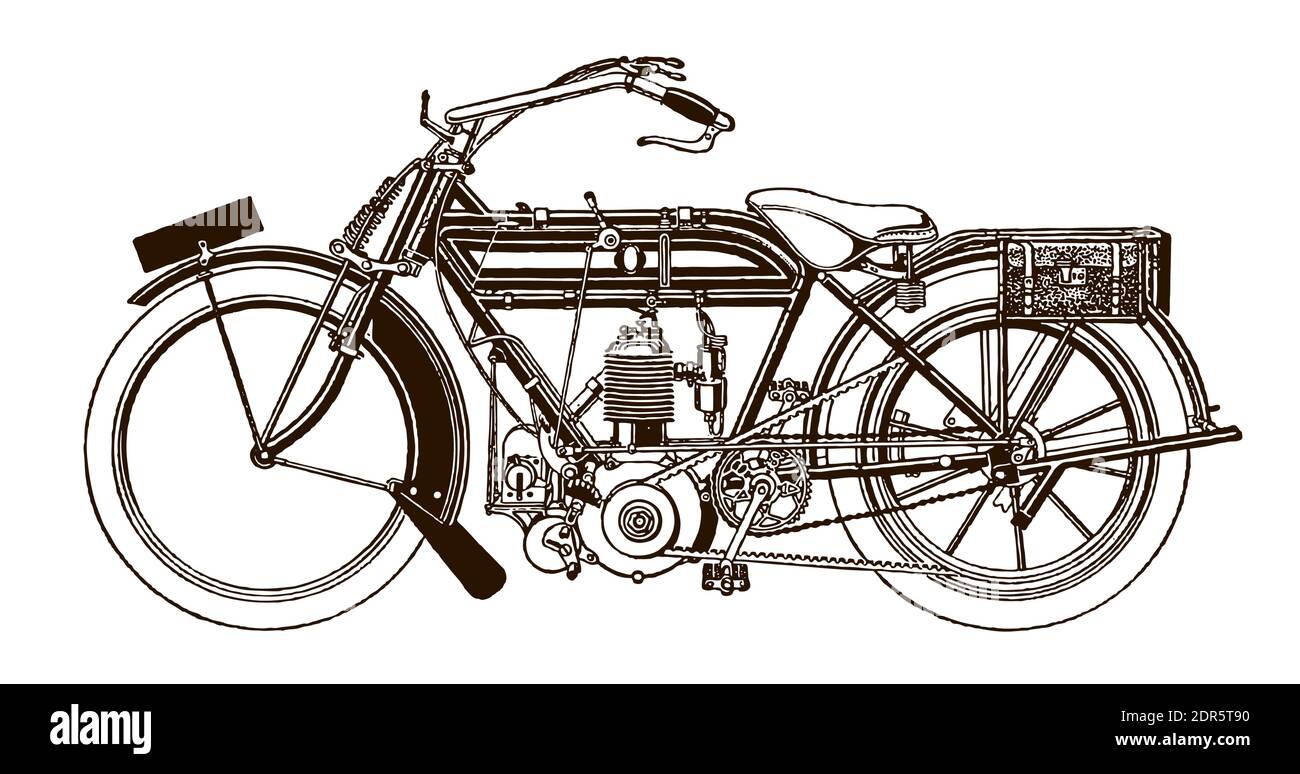Vintage Motorrad in der Seitenansicht nach einer Abbildung aus dem Anfang des 20. Jahrhunderts Stock Vektor