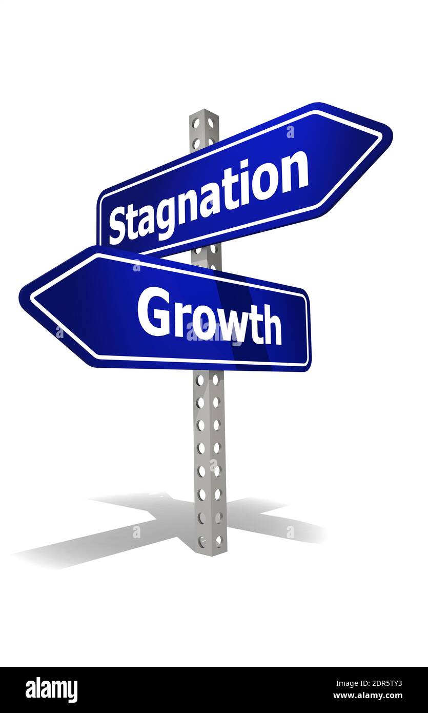 Eine 3D-Darstellung eines Verkehrsschildes mit Stagnation Und Wachstumswort auf weißem Hintergrund Stockfoto