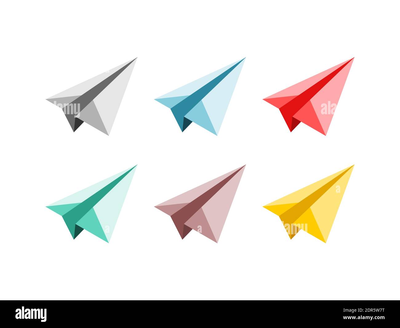 Papierebene eingestellt. Origami-Papierflächen. Sammlung von sechs gefalteten Papierflugzeugen. Handgefertigtes Papier. Flugzeugsymbol. Verschiedene Farben. Isoliert auf Weiß Stock Vektor