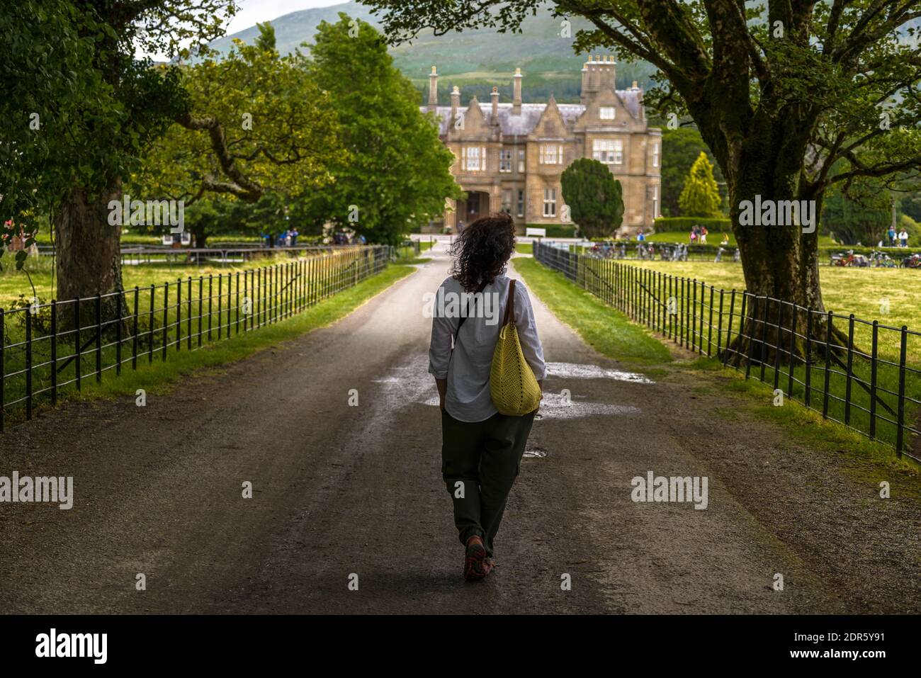 Die junge Frau mit dunklen lockigen Haaren genießt einen Spaziergang im Killarney National Park, in der Nähe der Stadt Killarney, Irland Stockfoto