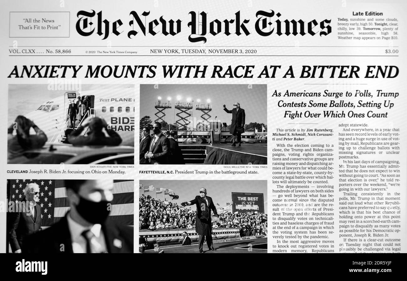 Die Titelseite der New York Times am Tag der Präsidentschaftswahl in den Vereinigten Staaten, 3. November 2020. Stockfoto