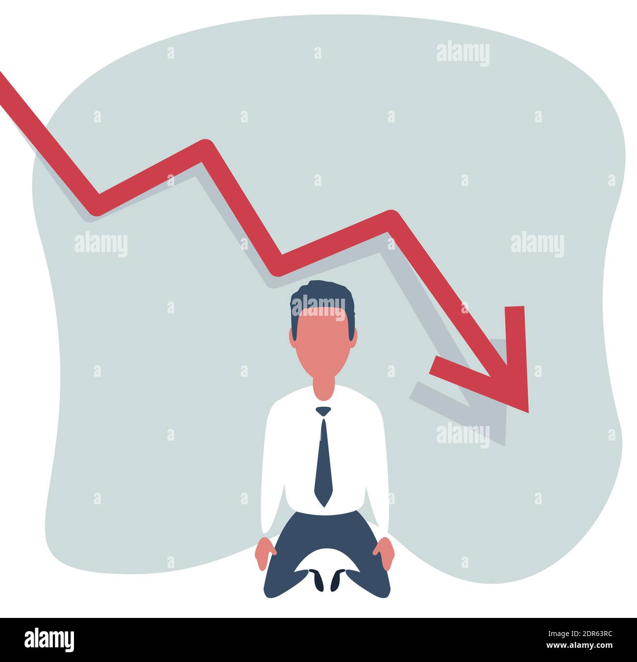 Traurig Schockiert Geschäftsmann Vektor. Geld Verlieren. Grafik Nach Unten. Männchen Steht Auf Den Knien. Stock Vektor
