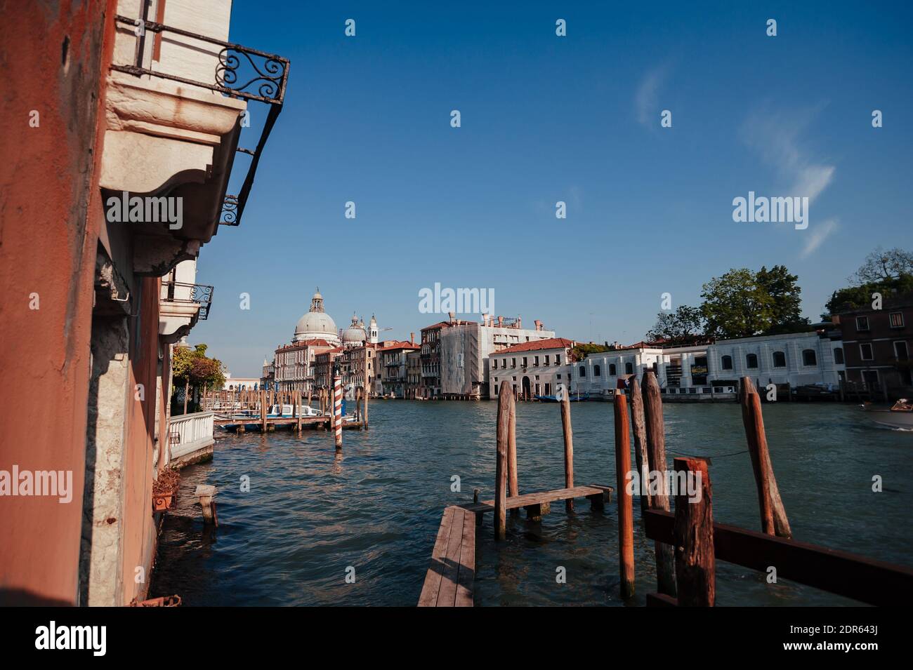 Blick entlang des Canale Grande in Richtung Basilica di Santa Maria della Salute und Penny Guggenheim Collection (Collezione Peggy Guggenheim), Venedig Stockfoto
