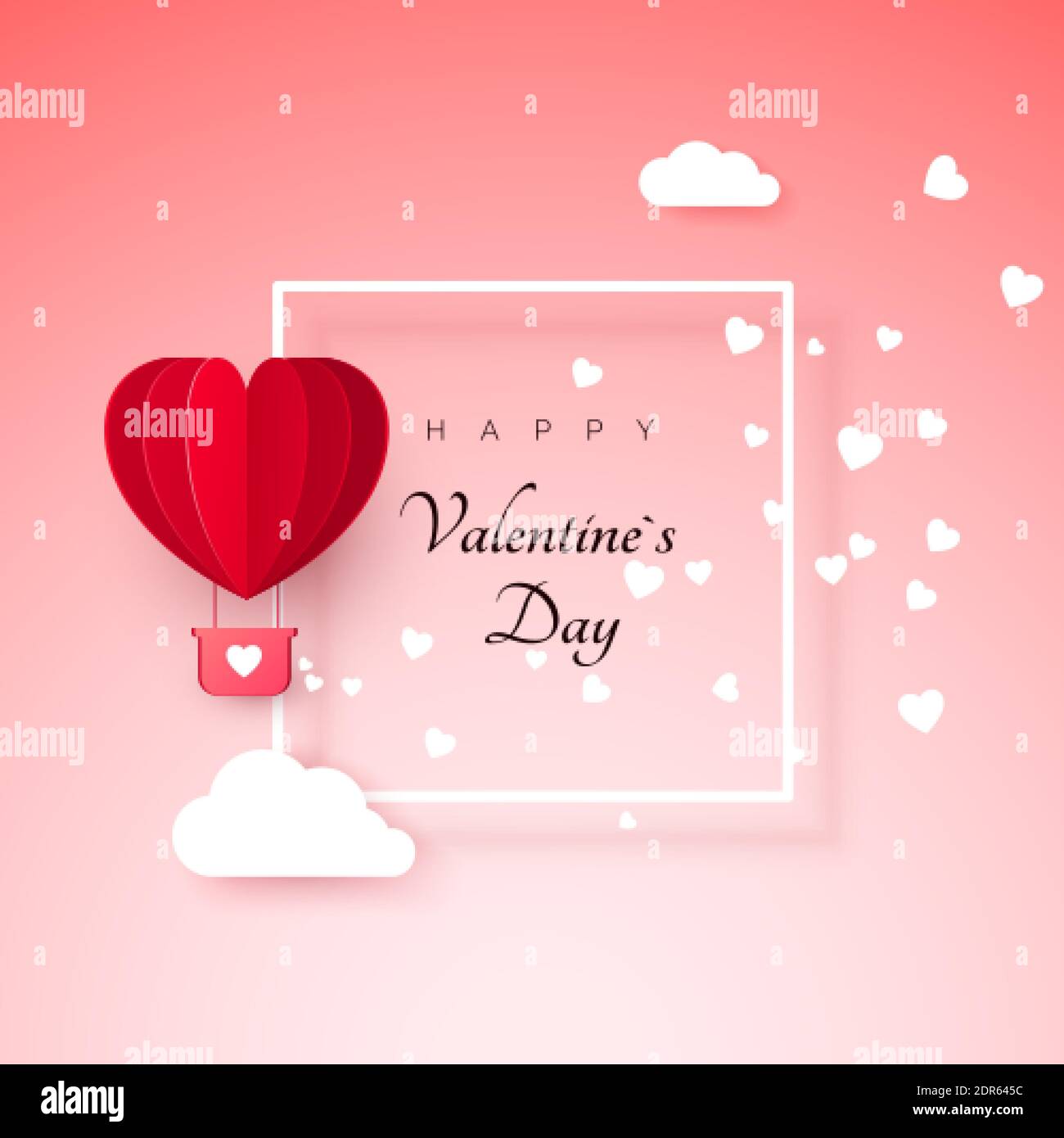 Valentinstag Grußkarte mit Papier geschnitten roten Herz Form Ballon fliegen. Ballon fliegt und hinterlässt eine Spur mit Herzen Dekorationen. Vektorgrafik Stock Vektor