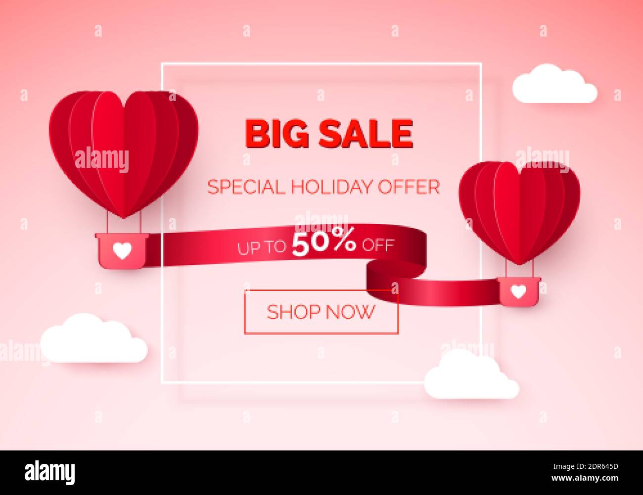 Saisonaler Verkauf am Valentinstag. Heißluftballons mit rotem Band und Rabatt-Angebot darauf. vektor-Illustration Stock Vektor