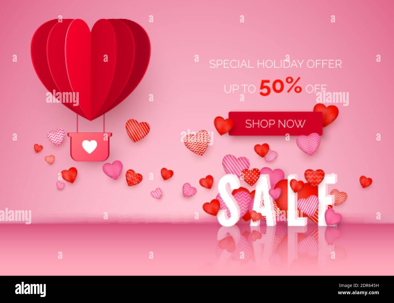 Valentinstag Sale Poster mit Urlaub Rabatt-Angebot. Promo: Februar-Store. Valentinstag Banner mit roten und rosa Herzen und Luftballon. Vektor-il Stock Vektor