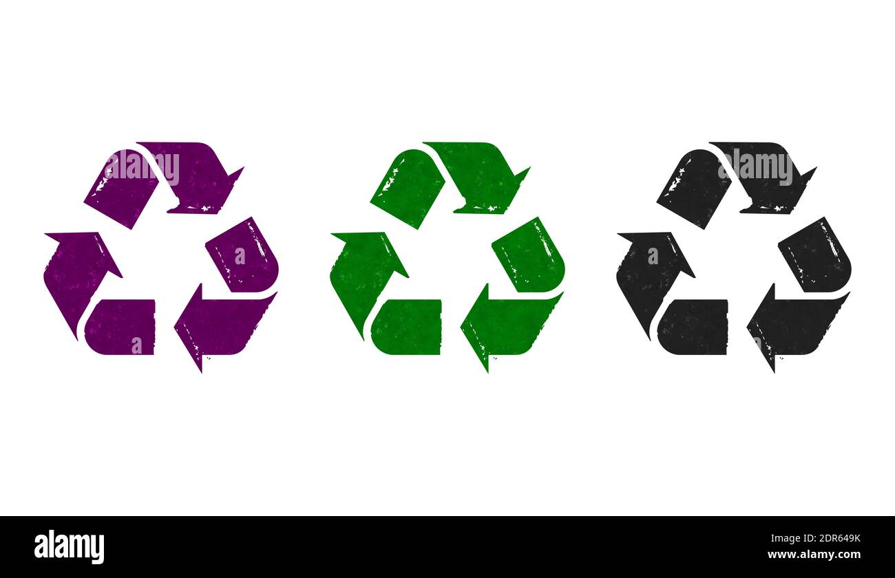 Wiederverwertung von Stempelsymbolen in wenigen Farbausführungen. Recycling-Symbol, Pfeile, wiederverwertbare Materialien, Umweltschutz und erdsicheres Konzept 3D-Renderin Stockfoto