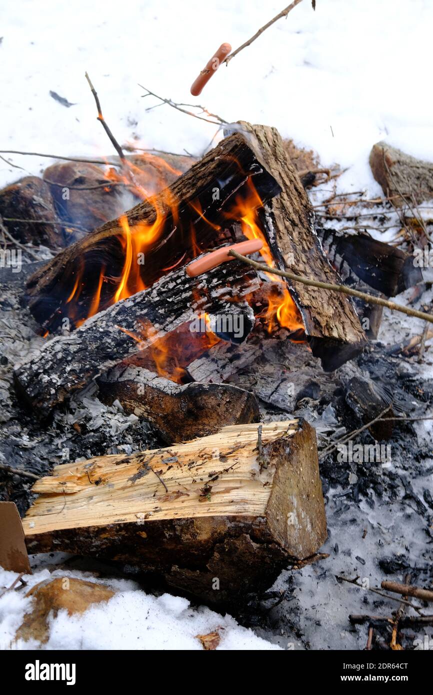 Braten eines Hot Dogs über einem offenen Feuer im Schnee im Winter in Ottawa, Ontario, Kanada. Stockfoto