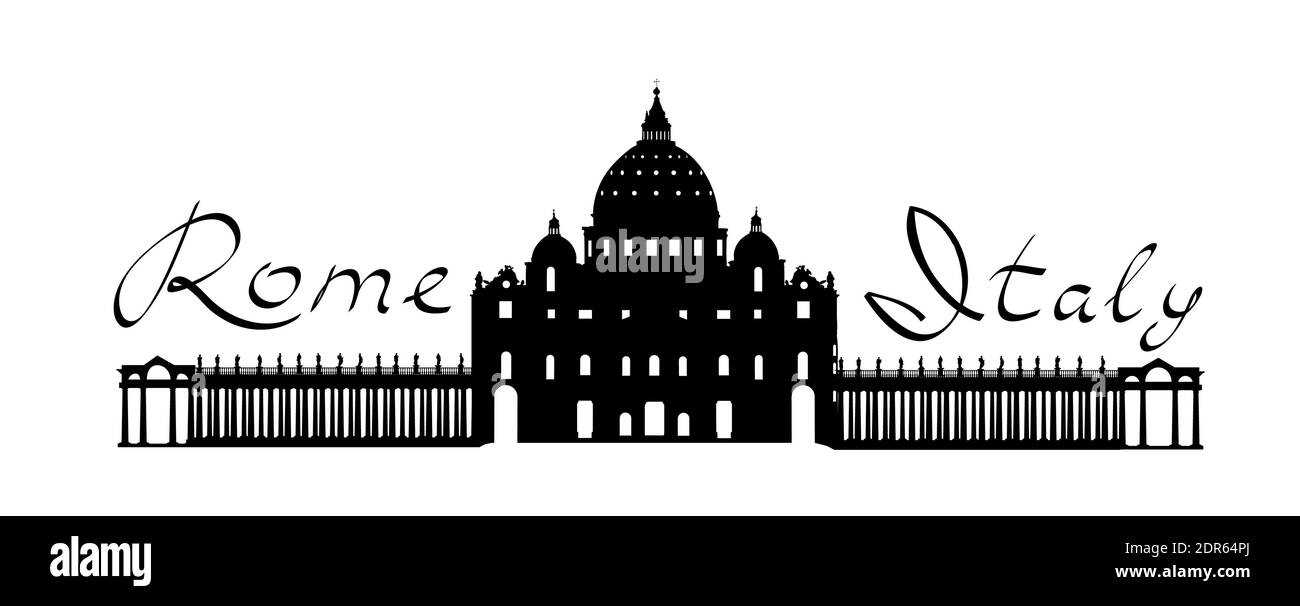 Rom Reise Landark San Peter Kathedrale. Italienischer berühmter Ort San Pietro quadratische Silhouette Ikone mit handgeschriebenem Schriftzug Rom Italien und italienische Flagge Stock Vektor