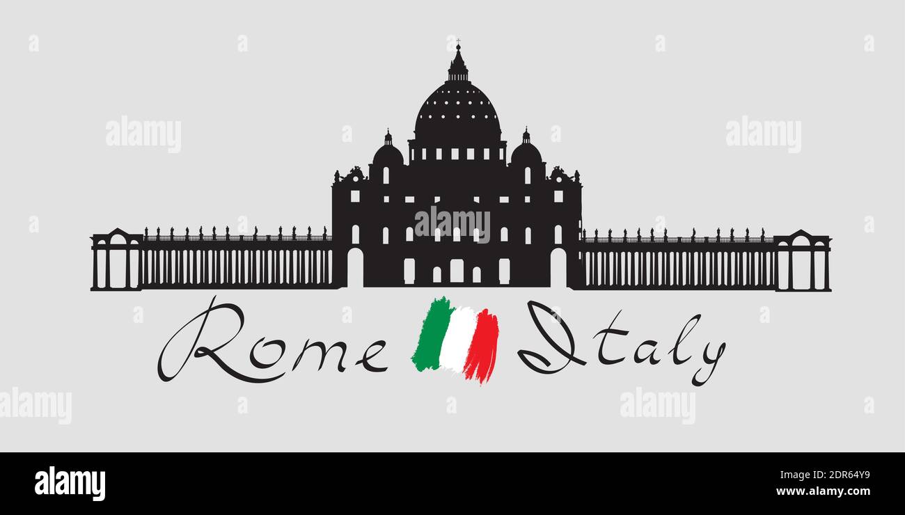 Rom Reise Landark San Peter Kathedrale. Italienischer berühmter Ort San Pietro quadratische Silhouette Ikone mit handgeschriebenem Schriftzug Rom Italien und italienische Flagge Stock Vektor