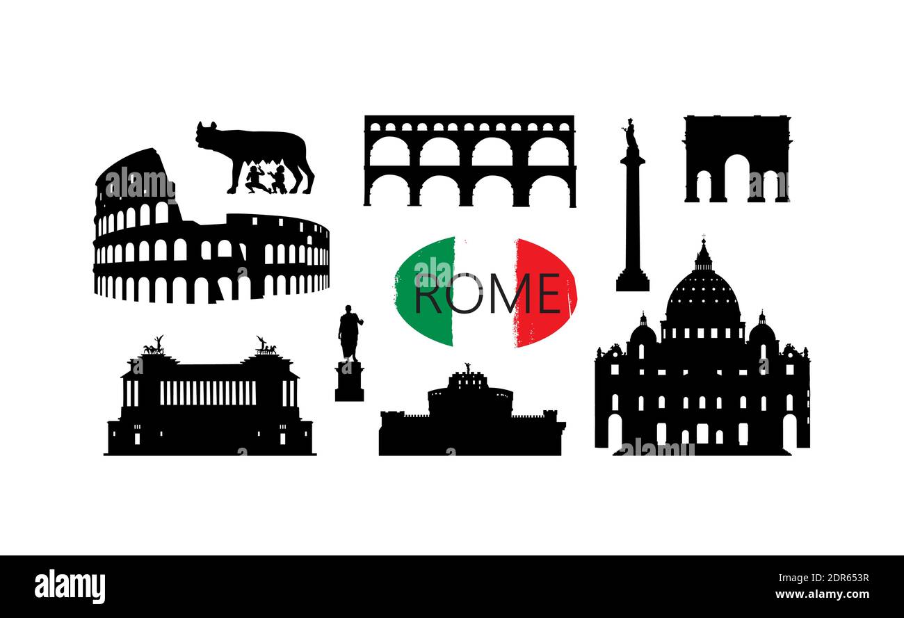 Rom Reise Wahrzeichen gesetzt. Italienische berühmte Orte Silhouette Symbole. Architektur, Gebäude, Bogen, Denkmal, brindge, Skulptur wichtigsten Sehenswürdigkeiten Stock Vektor