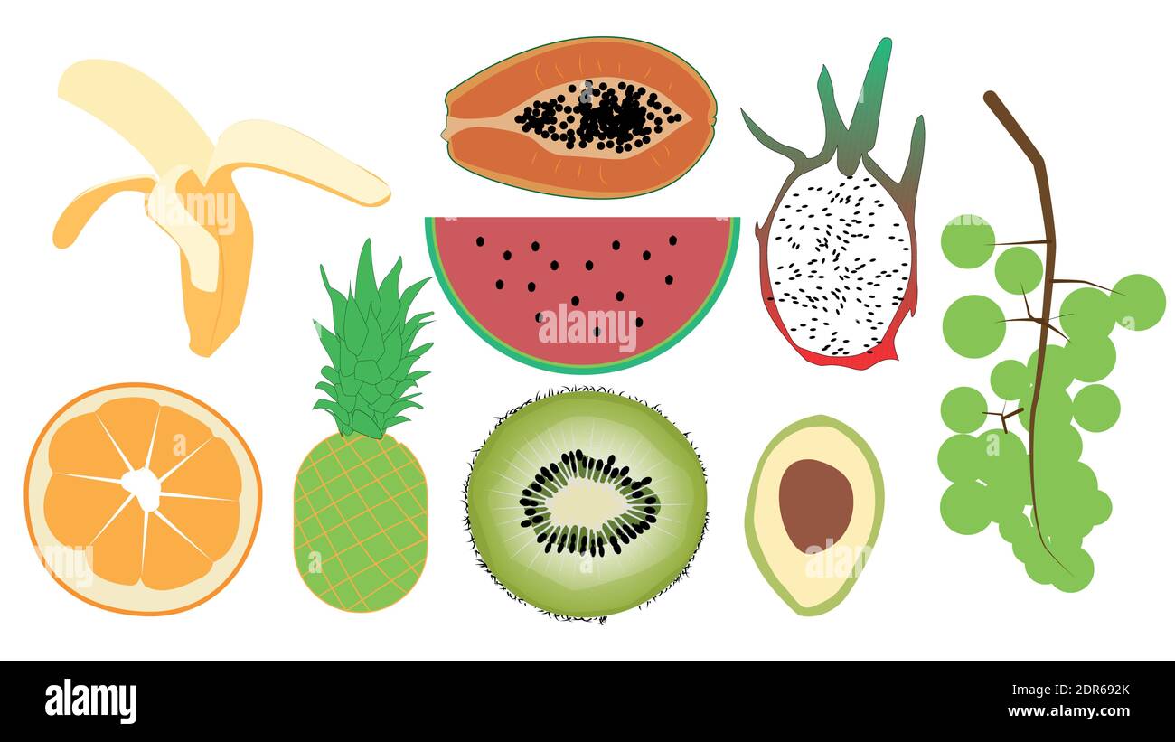 Set von Früchten, Drachenfrucht, Banane, Avocado, Zitrone, Trauben, Wassermelone, Papaya, Kiwi, Ananas Vektor Illustrationen Stock Vektor