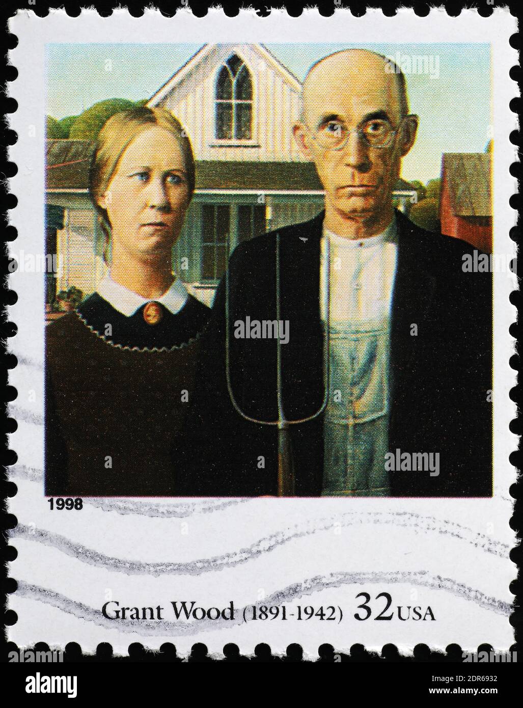 American Gothic von Grant Wood auf amerikanischer Briefmarke Stockfoto