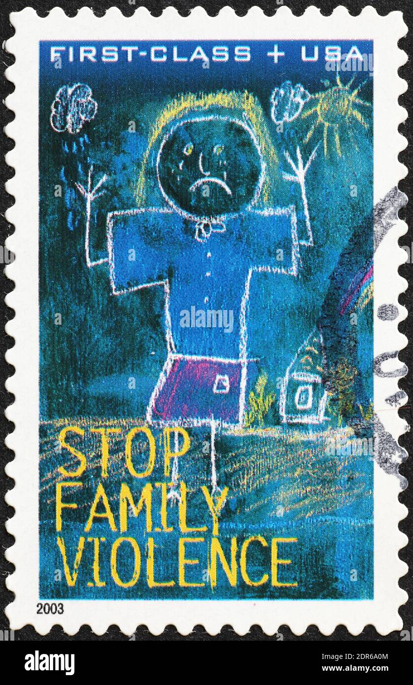 Aufforderung zur Beendigung der Gewalt in der Familie auf amerikanischer Briefmarke Stockfoto
