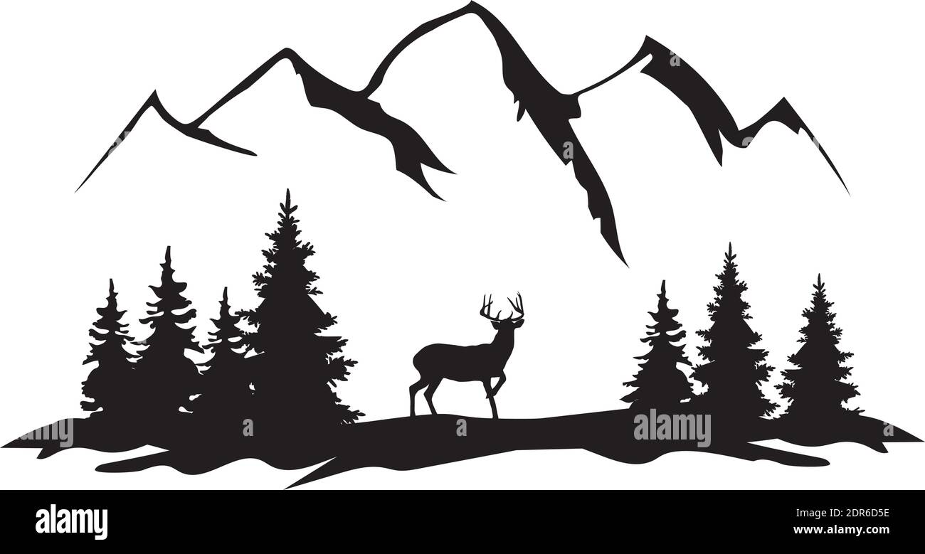 vektor-Illustration eines Hirsches, Wald, Berge Silhouette. Stock Vektor