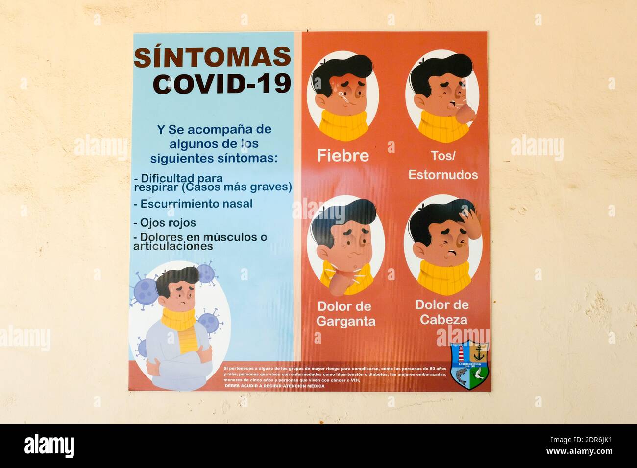 Covid-19 Symptome Public Notice Poster , Yucatan Mexiko Stockfoto