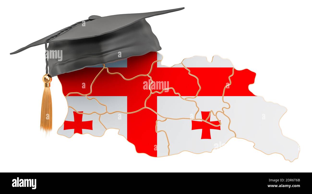 Bildung in Georgien Konzept. Georgische Karte mit Graduate Cap, 3D-Rendering isoliert auf weißem Hintergrund Stockfoto