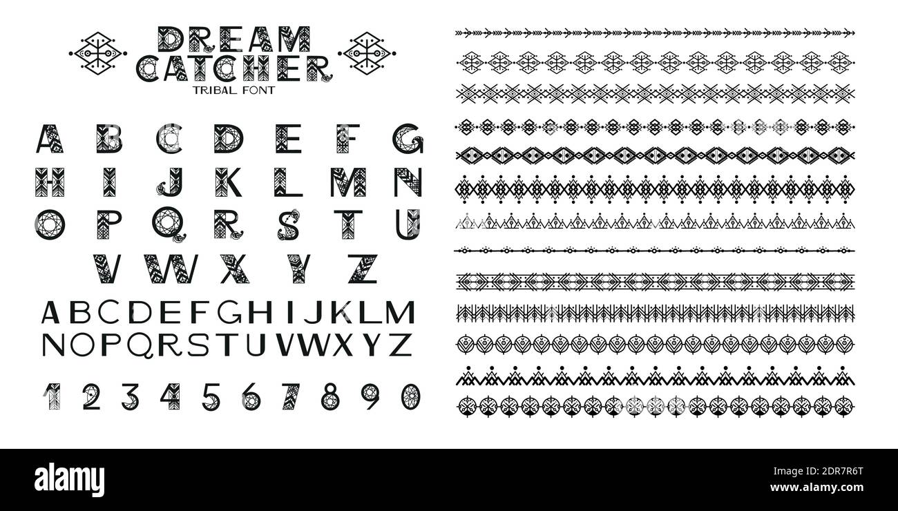 Tribal Alphabet und Ornamente. Buchstaben und Symbole im geometrischen  ethnischen Stil. Azteken und indianer Stoffstil. Vektorgrafik  Stock-Vektorgrafik - Alamy